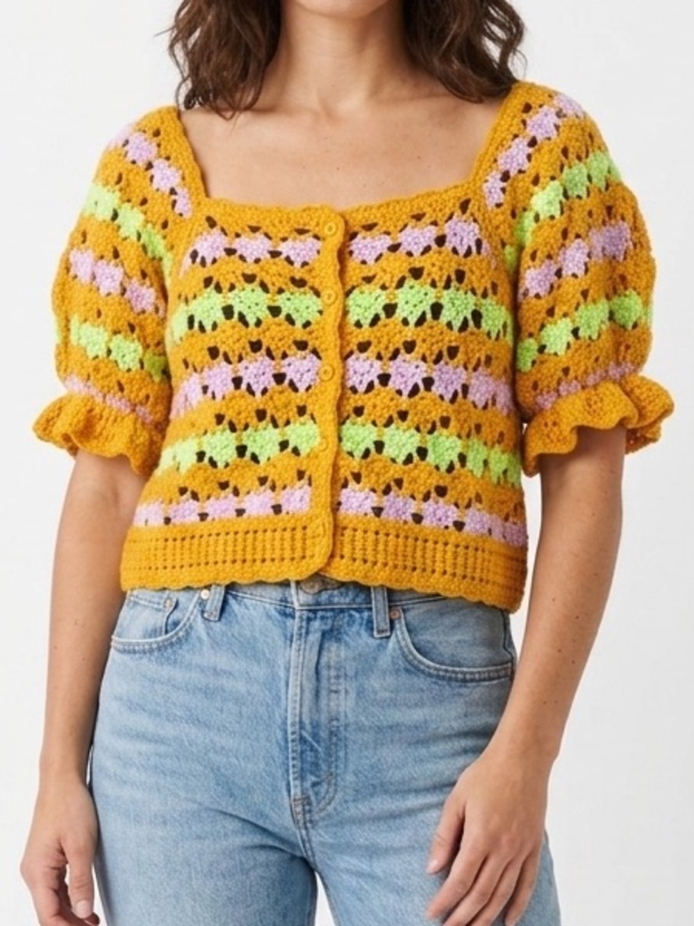 VERY J NEW IN Tangerine Mix Crochet Knit Cardigan Crop Granny Square Med Large